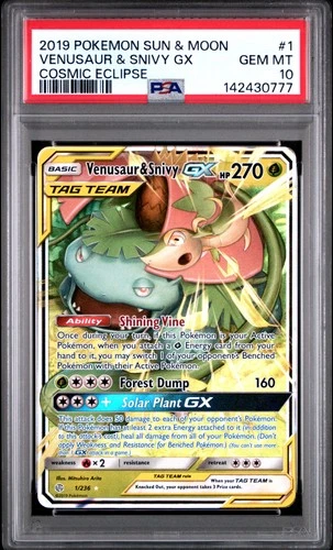 2019 POKEMON SUN & MOON COSMIC ECLIPSE #1 VENUSAUR & SNIVY GX PSA 10