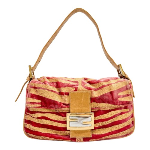 FENDI Baguette Gold & Pink Striped Velvet Shoulder Bag