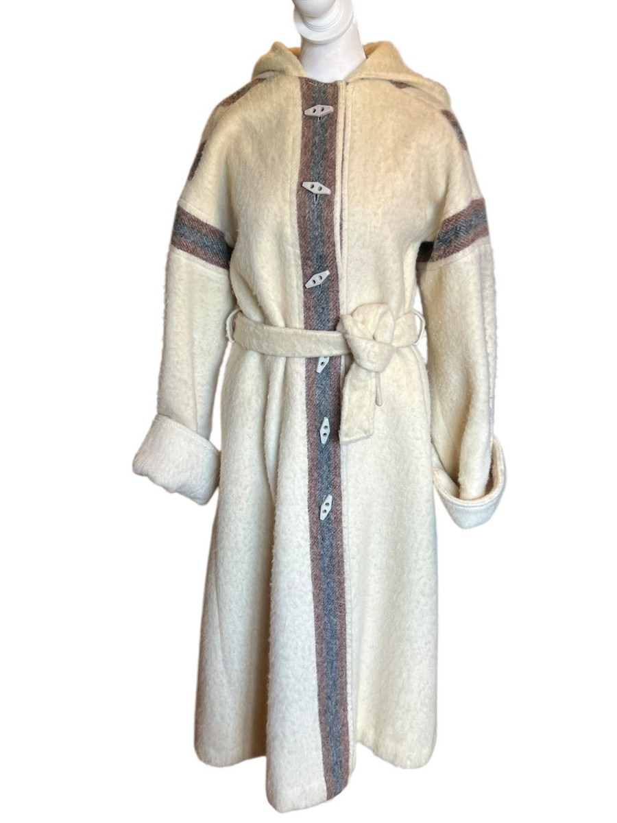 Vintage 1970s Variegated Gray Striped Wool Belted Hooded Coat Casa de Lana