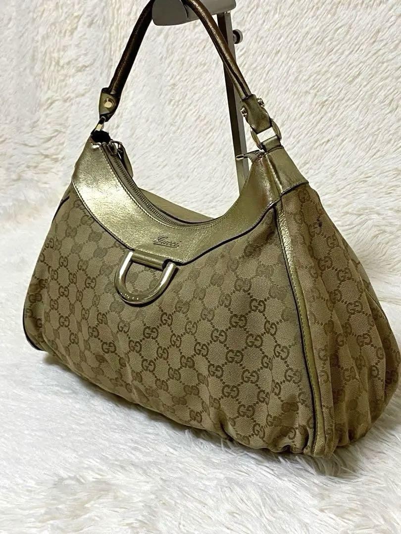 Gucci Beige Gold Canvas Tote Bag with Leather Accents