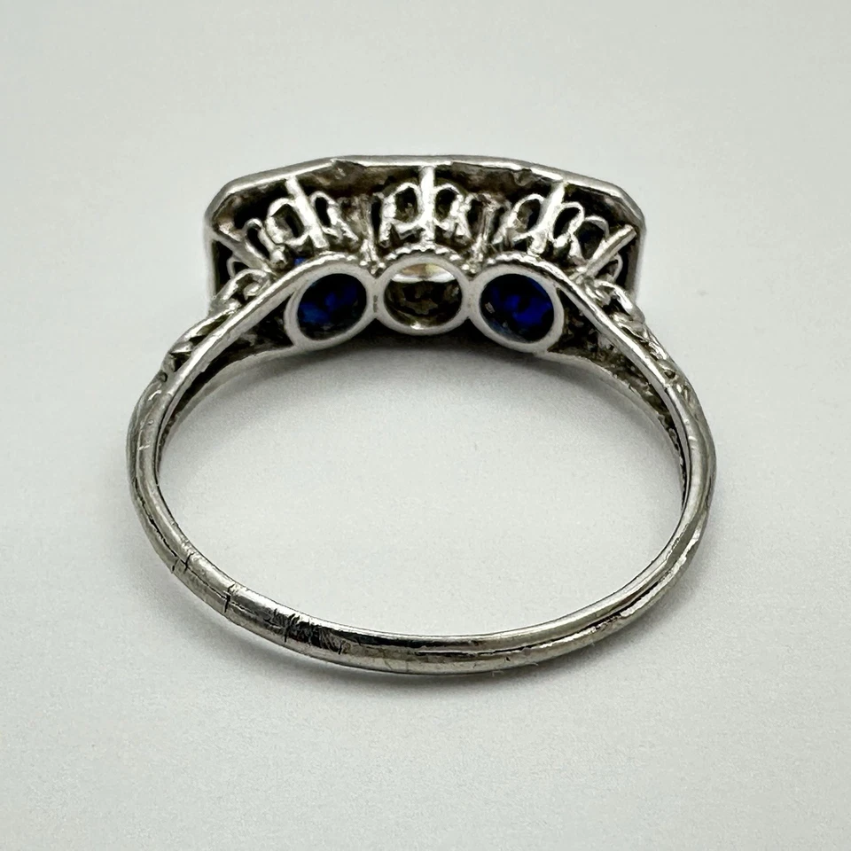 Vintage Art Deco Filigree Platinum 1/2 Carat Diamond and Sapphire Ring Size 7 - Image 4 of 4