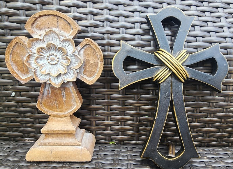 2 New Wood Look Crosses For Home Decor. 1 Wall Hanging The Other Standing. 