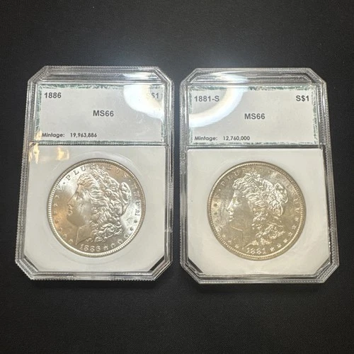 1886 P & 1881 S Morgan Silver Dollars MS $1 PCI Green Labels