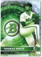 2026 BOWMAN REFRACTOR UNDER THE RADAR (RC) ROOKIE PROSPECT CARD THOMAS WHITE. rookie card picture