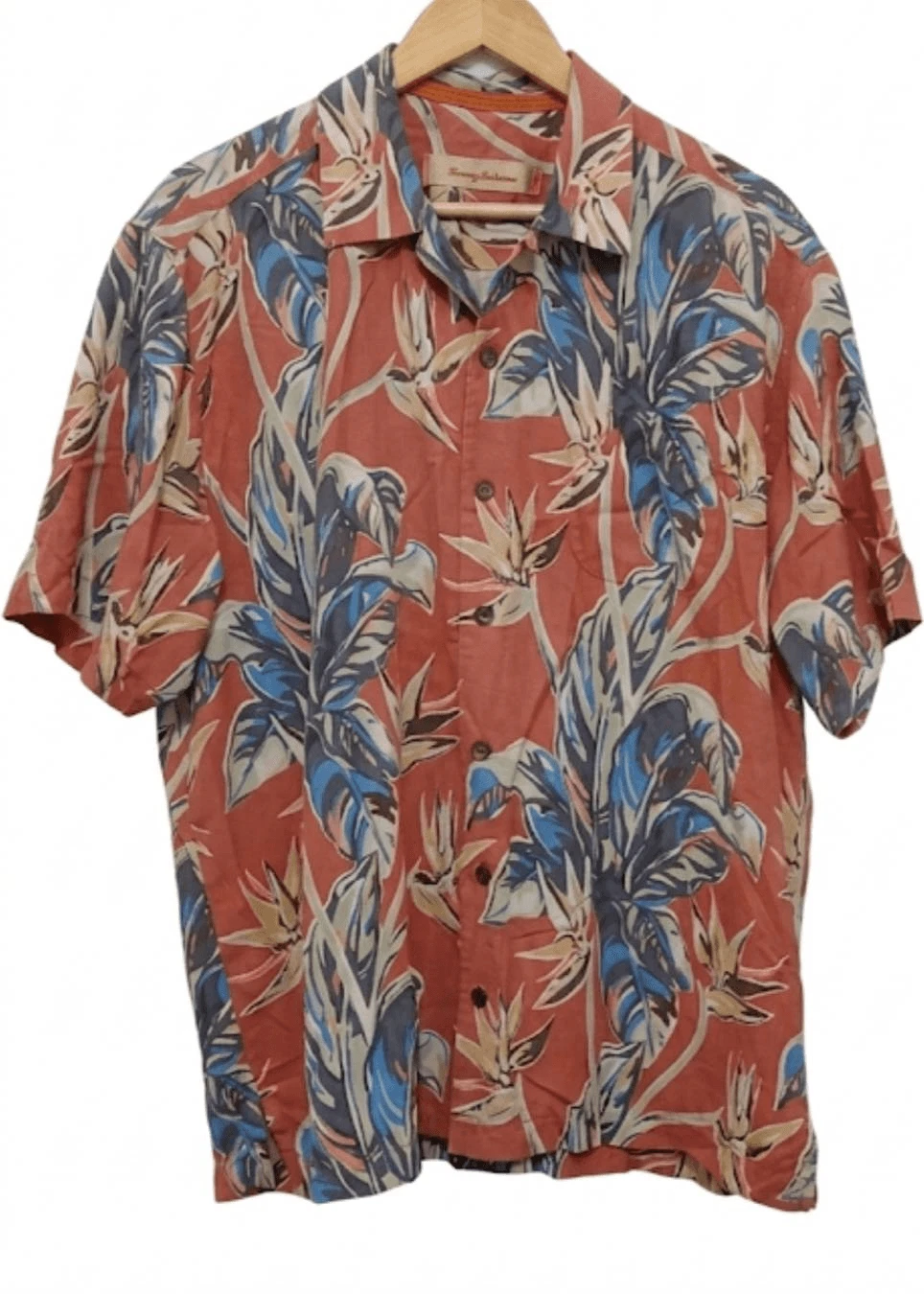 Tommy Bahama mens shirt large 100% silk Hawaiian dusty rose coral blue casual