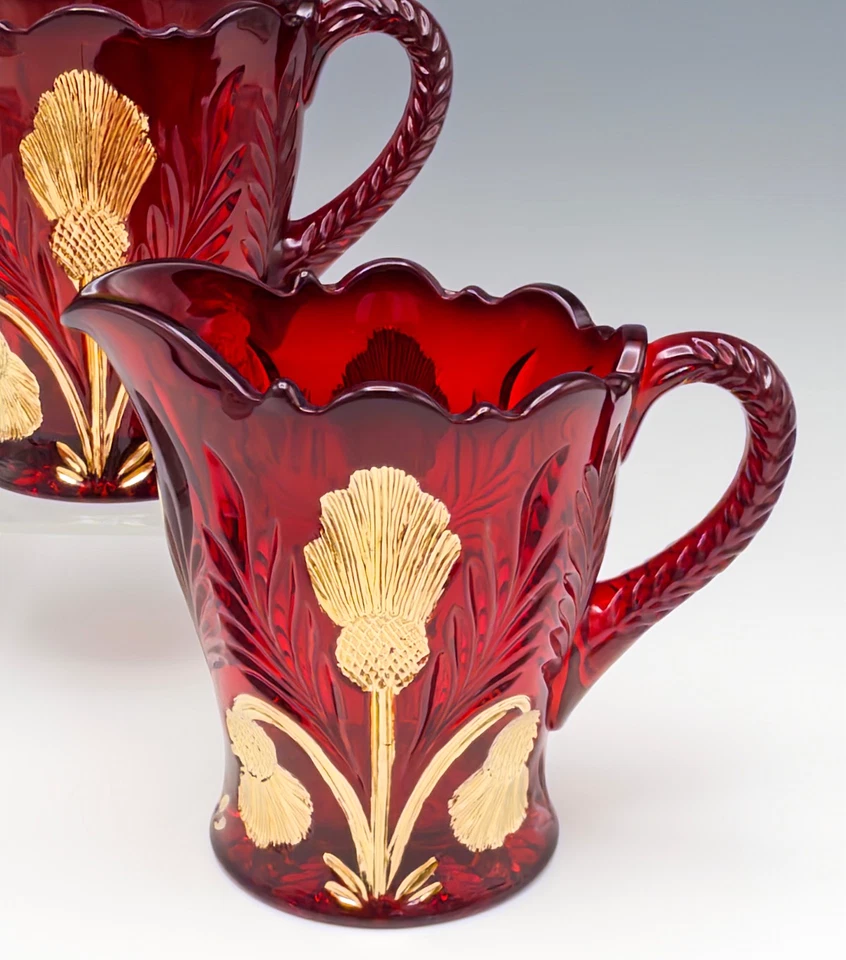 Mosser Glass Inverted Thistle Sugar Creamer Set Ruby Glass Gold Decoration - Image 4 of 4