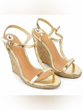  190 Badgley Mischka Gold Metallic T Strap Braided Wedge Heel Sandals 6