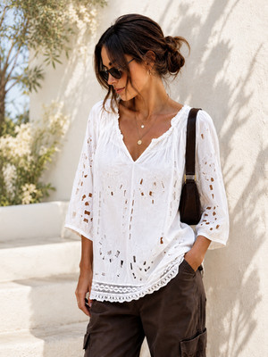 White Eyelet Peasant Blouse Tunic Quiet Luxury Coastal Boho Resort Top Airy