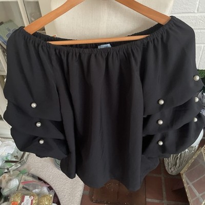 CeCe Off Shoulder Ruffled Blouse Top Chiffon 3/4 Tier Hem  Sz L Black NWOT