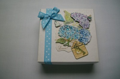 ''Blue/Purple Hydrangeas, Butterfly'' Hand Decorated Jewelry/Gift Card Box, Holder