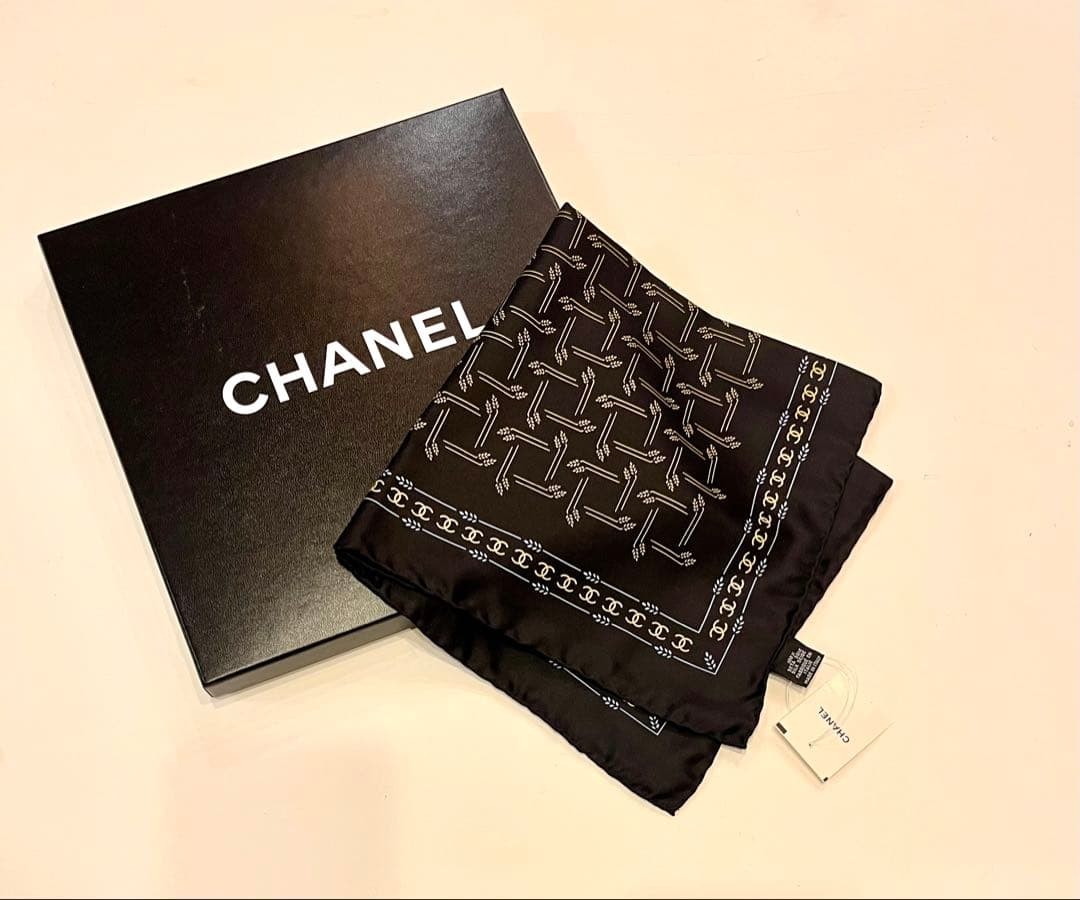 CHANEL COCO Mark Logo pattern Scarf Black 100% Silk about 17.71 x