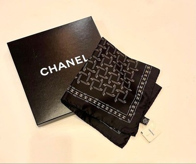 CHANEL COCO Mark Logo pattern Scarf Black 100% Silk about 17.71 x