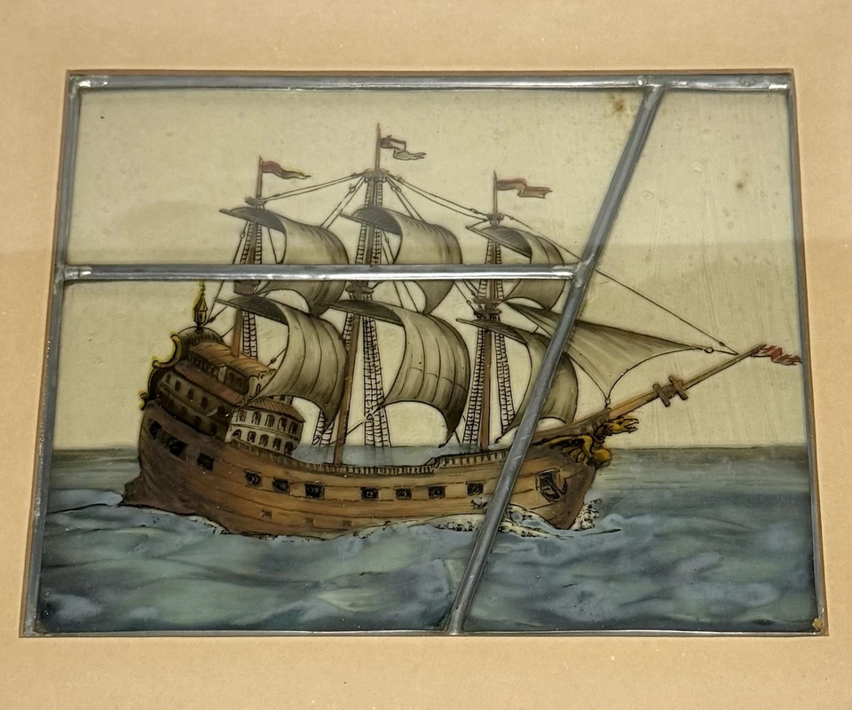 Antiguo panel de vidrio pintado al revés barco galeón siglo XVII con plomo y enmarcado, marítimo Foto 4 de 4