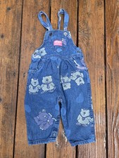 Vintage Oshkosh Overalls 24ms Blue Denim Bear Printed Vestbak 90s Made In USA