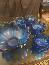 Blenko Glass 9 piece Cobalt Blue Glass Salad Bowl Set with 8 Glass Petal bowls