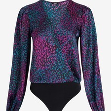 Express Satin Printed Balloon Sleeve Faux Wrap Front Bodysuit Size M