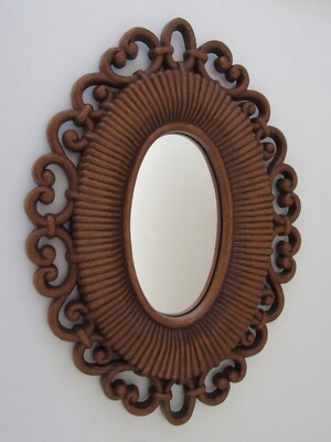 Vintage Faux Rattan Wall Mirror 9x7 Plastic Ornate Wicker Look Brown Oval Accent