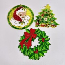 Christmas Crystalline Stained Glass window decorations Set 3 Santa Wreath Tree