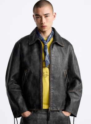 Zara NWT Men's Vintage Effect Black 100% Cow Leather Jacket Zara NWT Men's Vintage Effect Black 100% Cow Leather Jacket