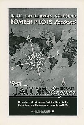1943 Jacobs Aircraft Engines Ad Bomber Pilots Training Planes All Over World