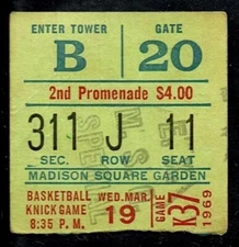 1968-69 BASKETBALL TICKET KNICKS BULLETS EARL MONROE/FRAZIER/WILLIS REED 37pt