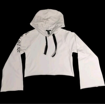 Forever 21 Weißer Verkürzter Japanischer Kapuzenpullover Damen Größe Klein 
