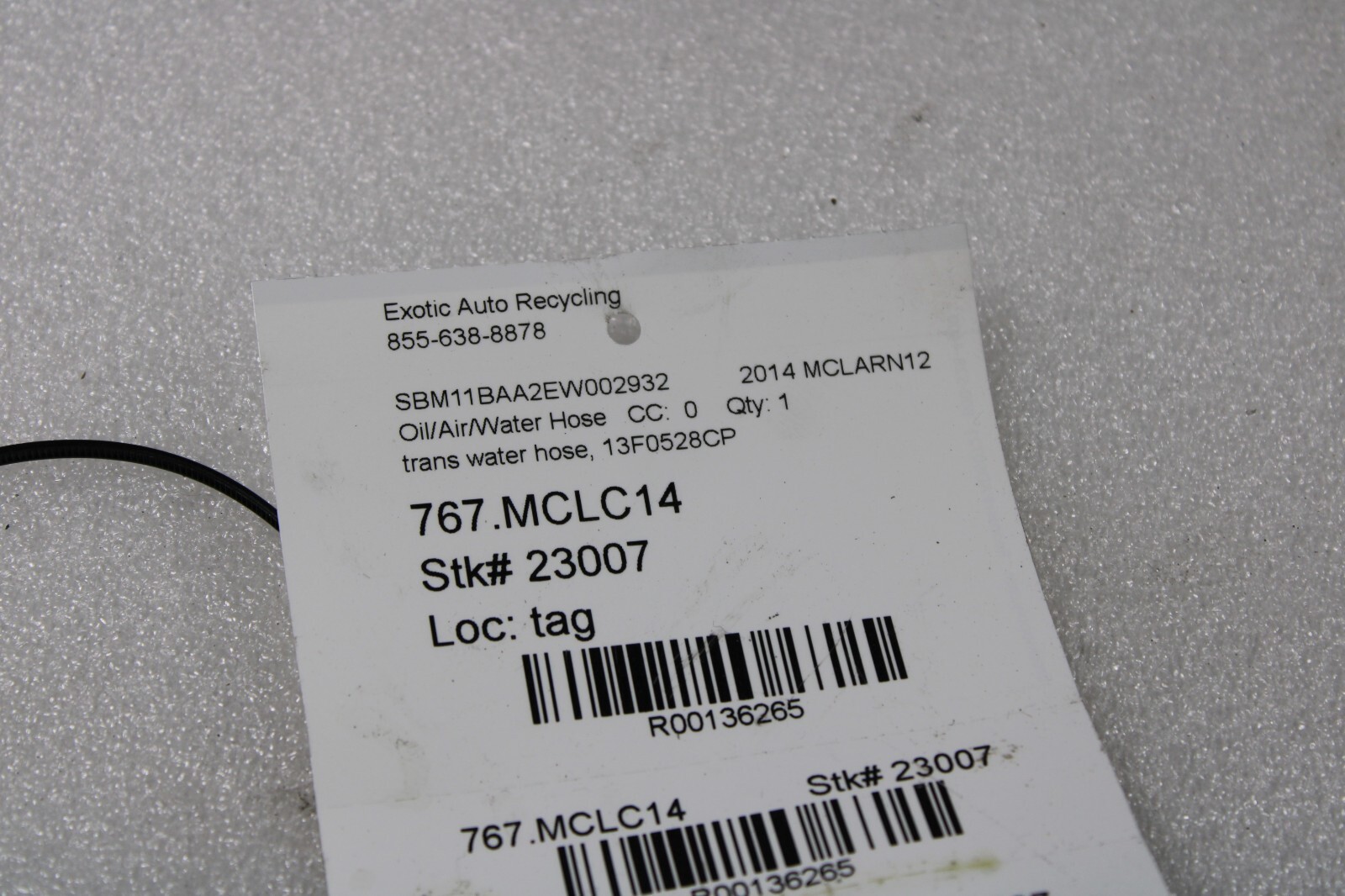 McLaren MP4-12C, Transmission Water Hose, Used, P/N 13F0528CP