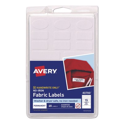 Avery Kids No-Iron Fabric Labels Handwrite Only Assorted Shapes White 45Ct 40700