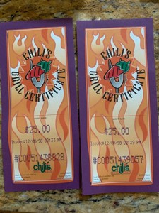 $50 Chili&Amp;#39;S Grill Restaurant Gift Certificates 2 X $25 No Expiration California | Ebay