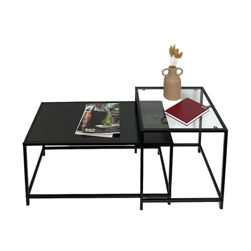 Set Of 2 Coffee Table Black Large Nesting Tables Side Table with Clear Glass Top - Picture 7 of 13