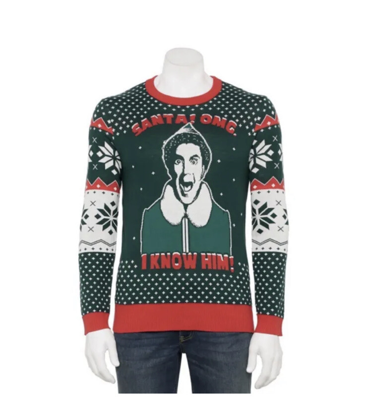 Mens Ugly Christmas Sweater Santa! OMG I Know Him Elf Movie Sz M