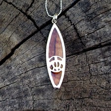 Hawaiian Jewelry Koa Wood Honu Surfboard Rhodium Plated Brass Pendant BRP1071