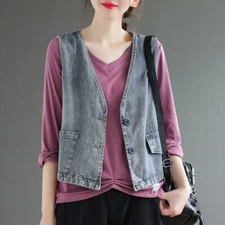 Lady Distressed Denim Waistcoat Gilet V-neck Vest Jacket Ethnic Cardigan Tops