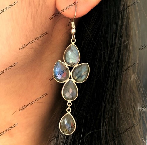 Labradorite Earrings 925 Sterling Silver Dangle Earrings Faceted Labradorite - Picture 2 of 3