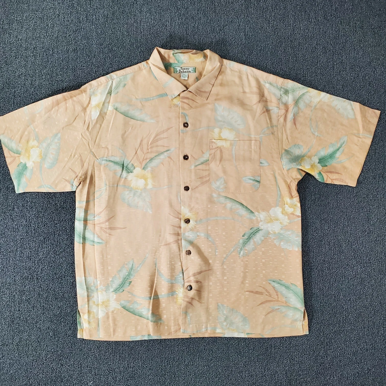 Tommy Bahama Silk Camp Shirt Mens XL Peach Floral Short Sleeve Button