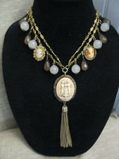 Vintage Cameo Tassel Beaded Statement Necklace-A Repurposed Original OOAK