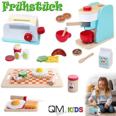 QMBASIC Kinder Küche HOLZ Zubehör Set 35tlg. FRÜHSTÜCK Toaster Teller Tasse Besteck Brot