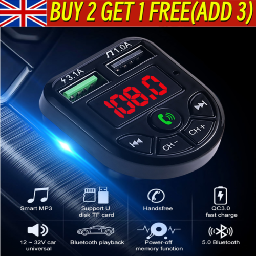 Car Wireless Bluetooth 5.0 FM Transmitter MP3 Player USB Car Charger Adapter UK~ - Afbeelding 1 van 13