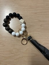 Black White Leopard Wooden Beaded Wristlet Keychain With Tassel