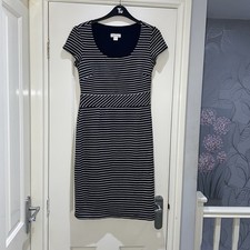 Monsoon Navy White Striped Cap Sleeve Midi Knee Length Pencil Dress Size 10 VGC