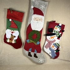Christmas Stockings Lot of 3 All 3D Multiple Fabrics Red Gray Green Preloved