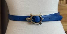 1970s Vintage Turtle Belt Peacock Blue Faux Leather Gold Buckle Sz 12 Deco