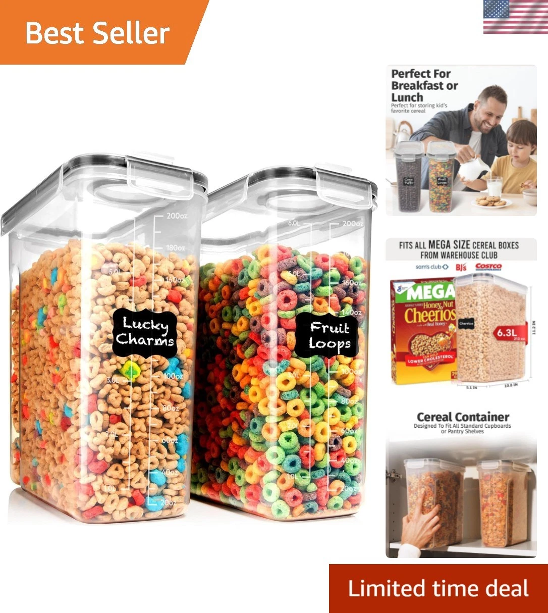 2 Pack 6.3 L / 213 oz / 6.7 qt EXTRA Large Airtight Food Storage Cereal Conta...