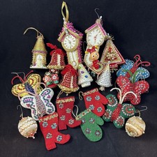 21 Vintage Christmas Fancy Beaded Push Pin Ornaments Handmade Sequins Felt Lot