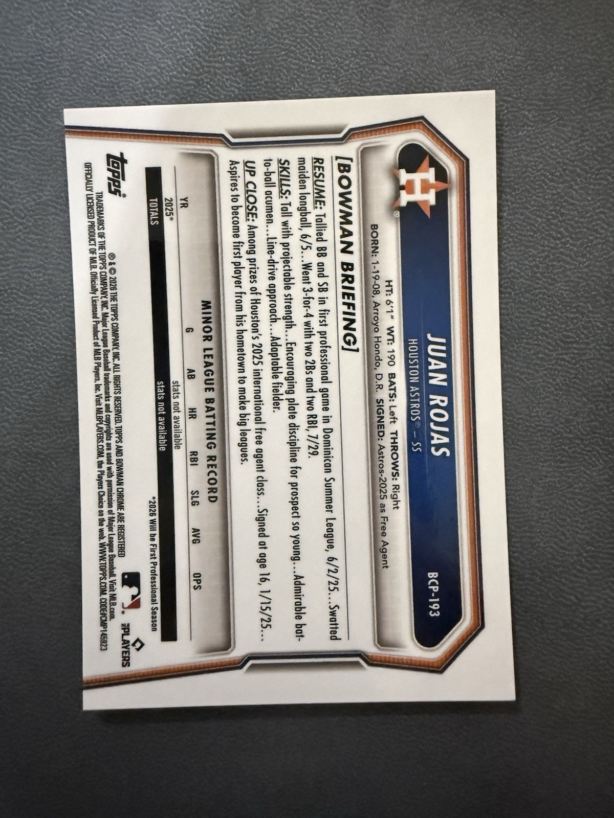 2026 Bowman Chrome Sapphire Juan Rojas 1st Red /5 BCP-193 Astros 1/5 view 2