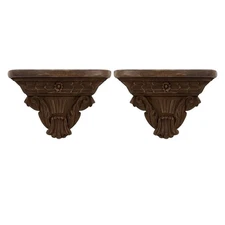 Ornate Wooden Shelf Pair Mexican Walnut Hand Carved Wood Hinged Lid Decorative