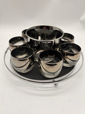 MCM Dorothy Thorpe Style Silver Fade Roly Poly Cocktail Barware Set 9 Pc