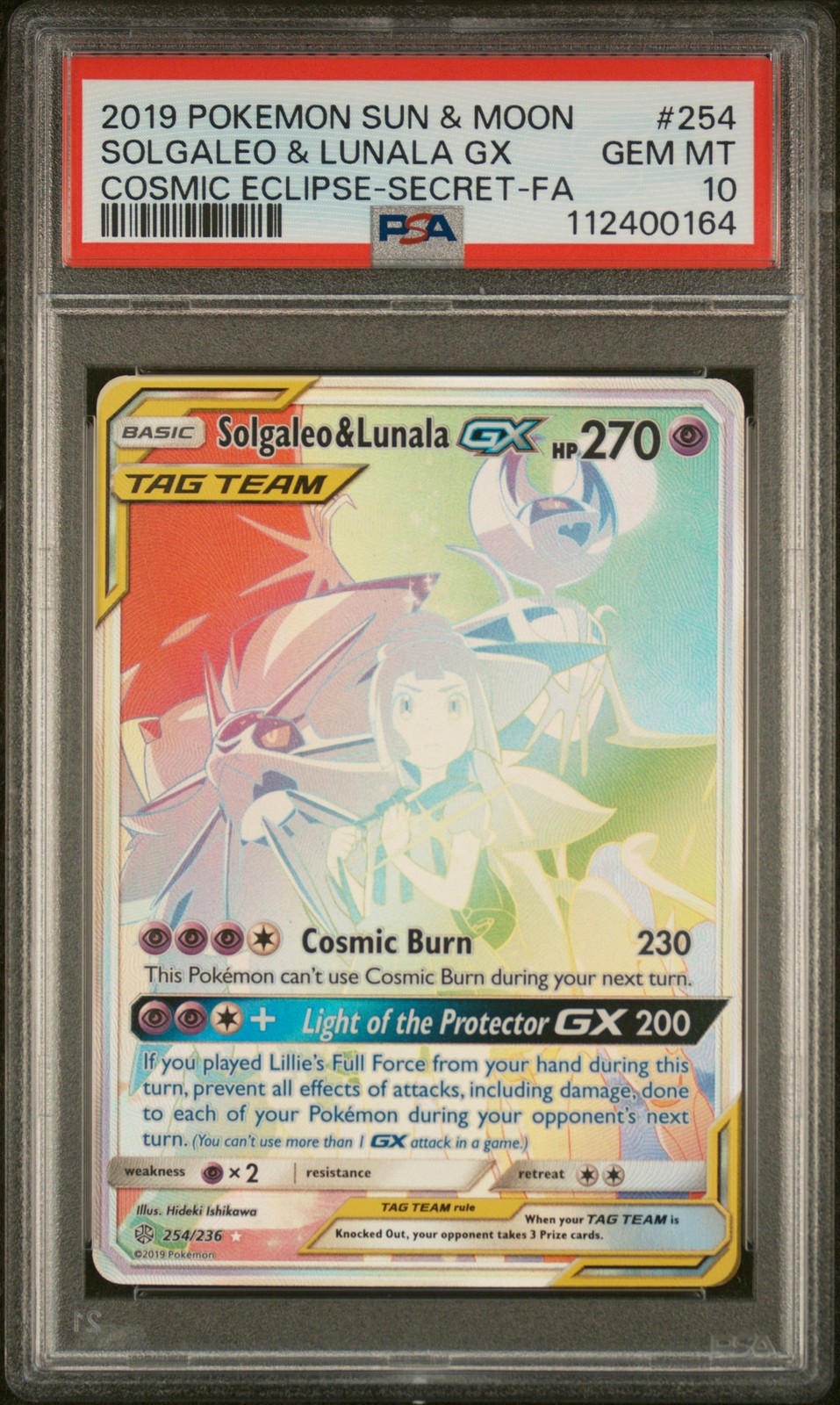 2019 POKEMON SUN & MOON COSMIC ECLIPSE #254 FULL ART/SOLGALEO & LUNALA GX PSA 10