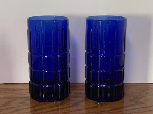 Vtg Anchor Hocking Tartan Cobalt Blue Tumblers Glasses 16 oz Set Of 2