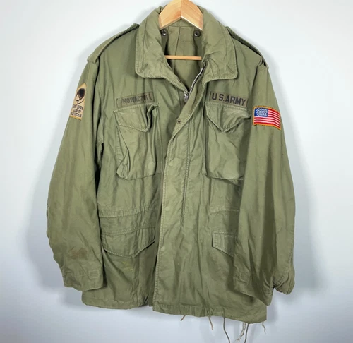 VTG Vietnam Era M-65 Field Jacket Men's Large Green Patches Chrome Zip Military